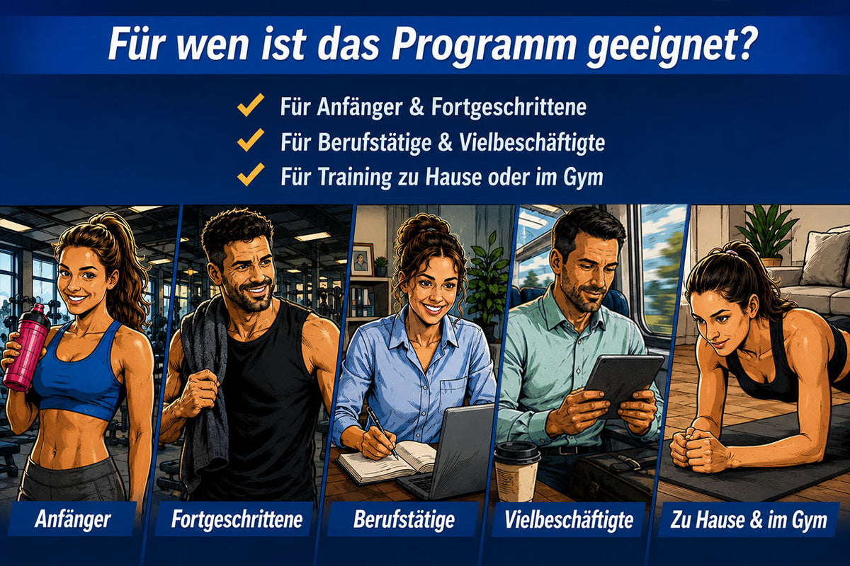 Das Fitness Mentoring Proramm ist geeignet für Anfänger, Fortgeschrittene, Berufstätige, Vielbeschäftigte egal ob von Zuhause aus oder im Gym