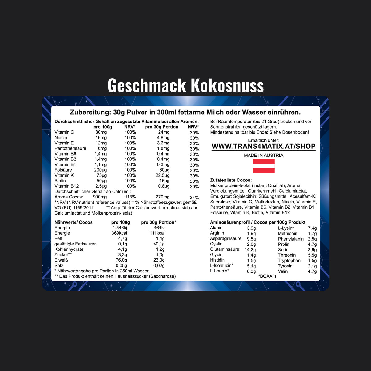 Hinweise, Zutatenliste und Nährwertangaben von Trans4matix Whey Protein, geschmack Kokosnuss