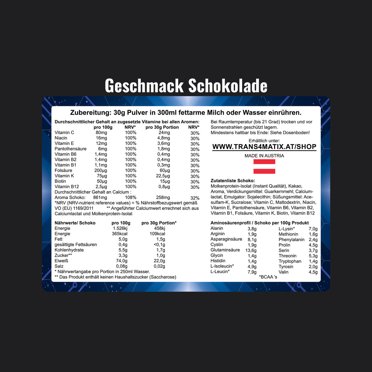 Hinweise, Zutatenliste und Nährwertangaben von Trans4matix Whey Protein, geschmack Schokolade