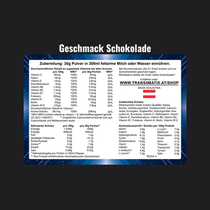 Hinweise, Zutatenliste und Nährwertangaben von Trans4matix Whey Protein, geschmack Schokolade