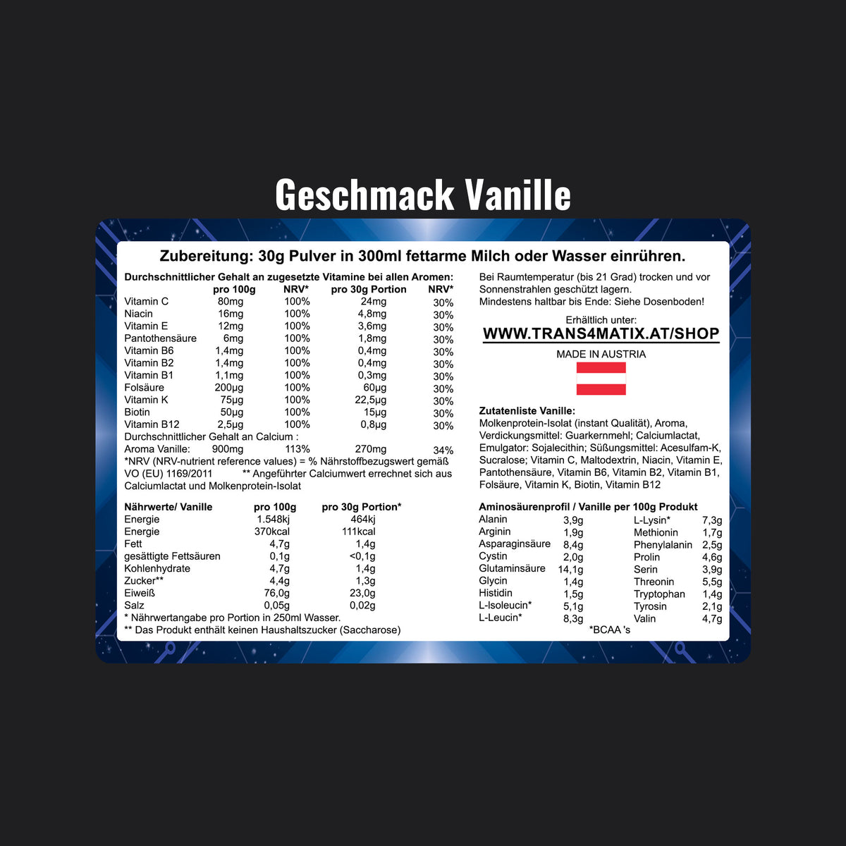 Hinweise, Zutatenliste und Nährwertangaben von Trans4matix Whey Protein, geschmack Vanille